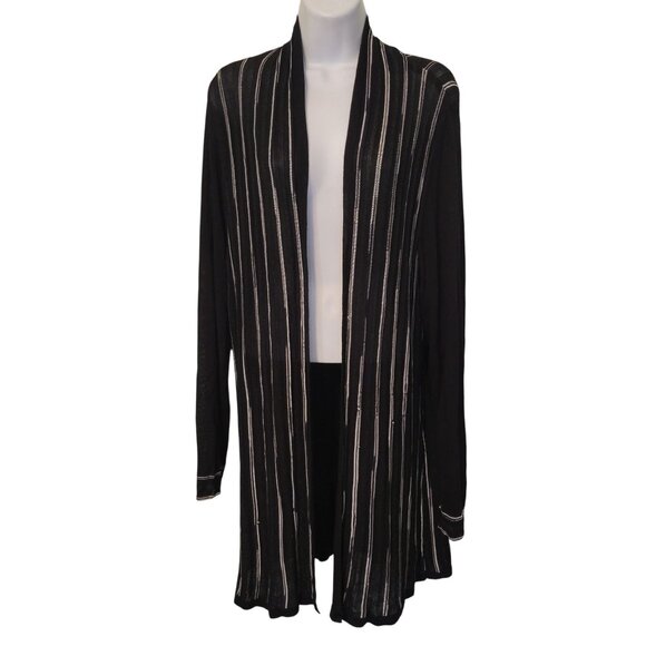 Chicos Travelers 2 Black Stripe Open Front Long Duster Cardigan Sweater L 12 - Picture 1 of 4